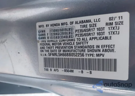 2011 Honda Odyssey Ex-L z USA, uszkodzony, nr VIN 5FNRL5H66BB052256